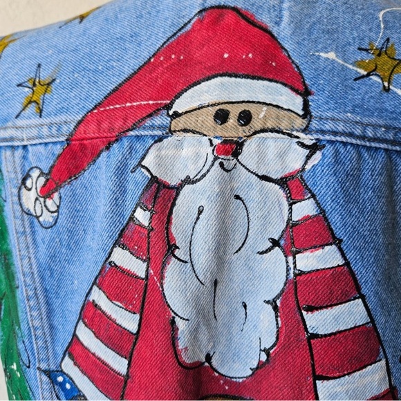 Sun Belt Denim Vintage 90s Womens Denim Vest Christmas Santa Handpained L Large - Picture 4 of 5